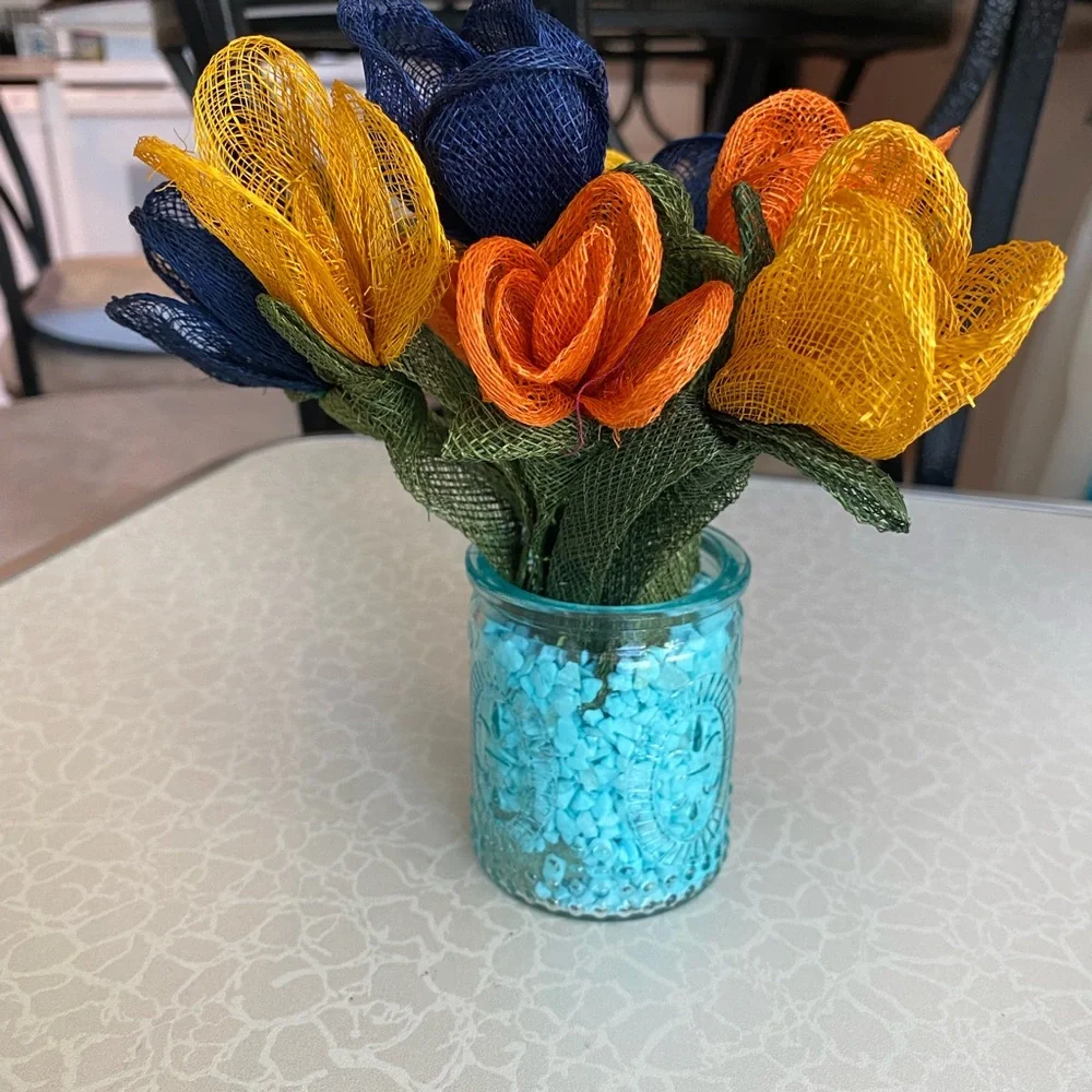Glass Jar with Yellow, Orange & Navy Decorative Mesh Flowers